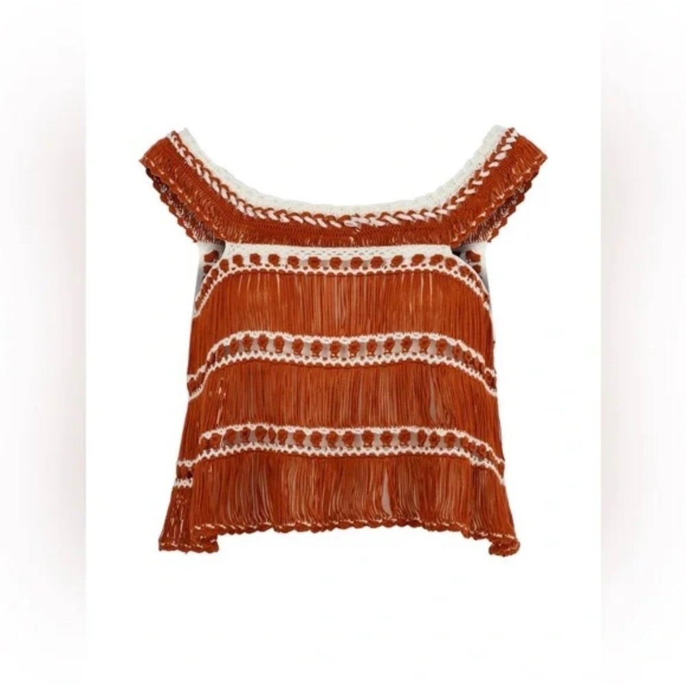 My Beachy Side Top Red Flame Rust Crochet Fringe Crop Boho Resort Small NEW - Picture 2 of 12